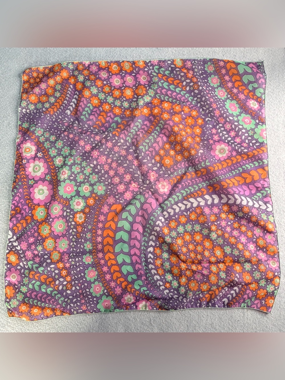 Vintage Floral Scarf Pink Purple 21x21 Sheer Boho Millefiore Accent Feminine
